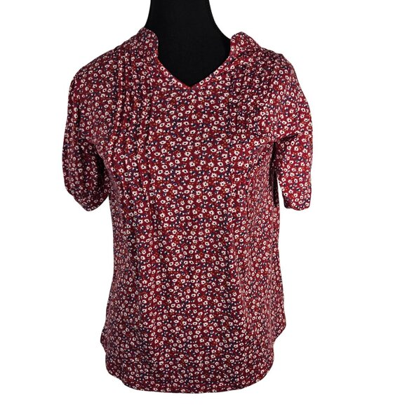 NWOT | Red Floral Print V-Neck Blouse Short Puff Sleeve Smocked Detail | Small - Picture 1 of 5